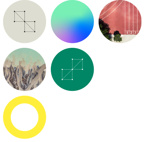 TrustWeek branded circles, an abstract landscape image and overhead view of a race track