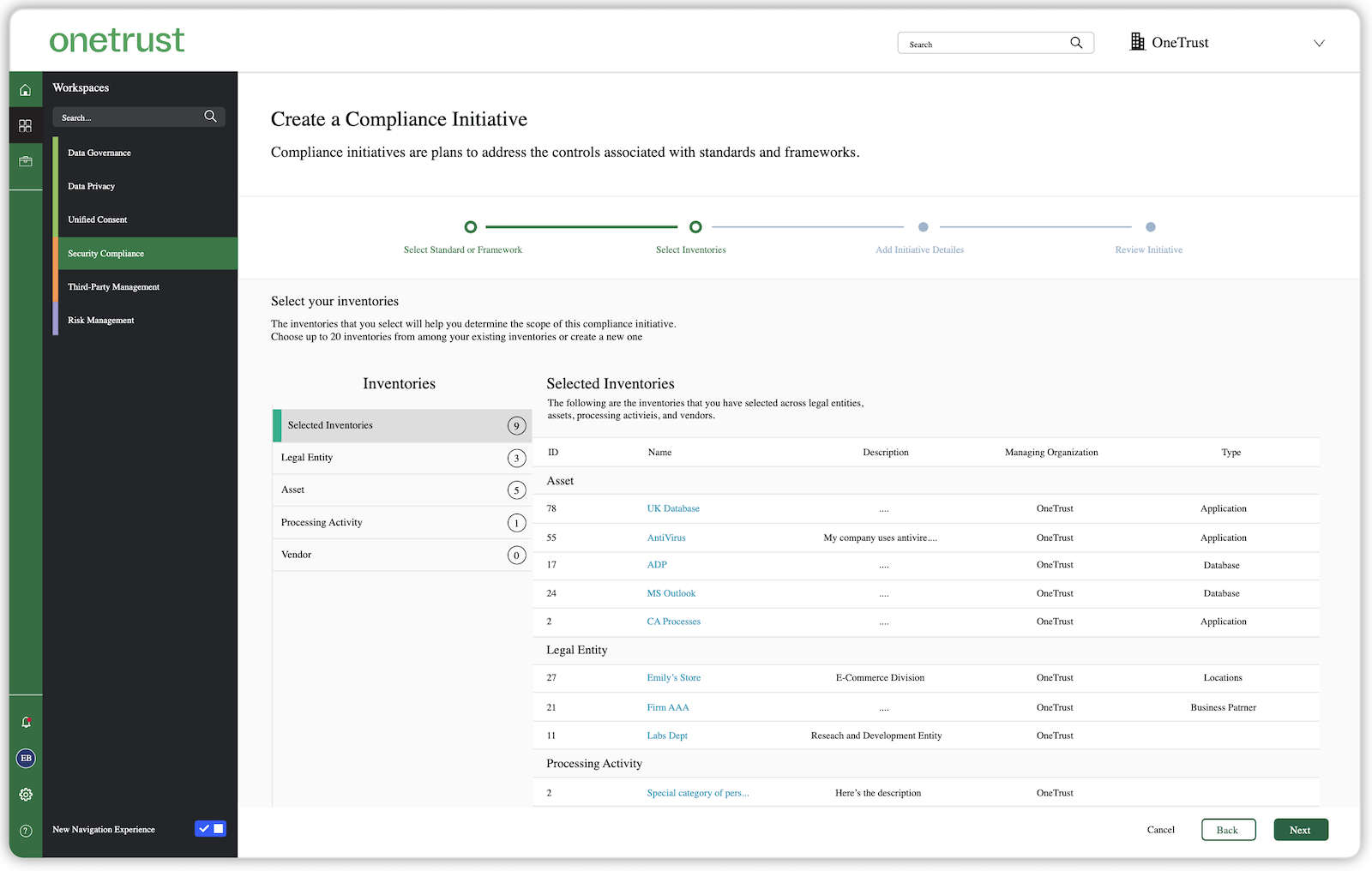 Screenshow from the "Create a Compliance Initiative" screen from OneTrust's Winter 2025 release. 