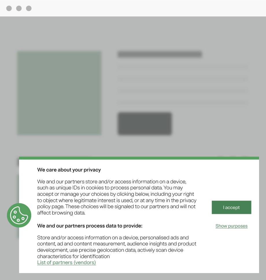A cookie banner with a privacy statement, a "Accept" button, and links to partnered vendors and the purposes of data collection and data collection purposes.